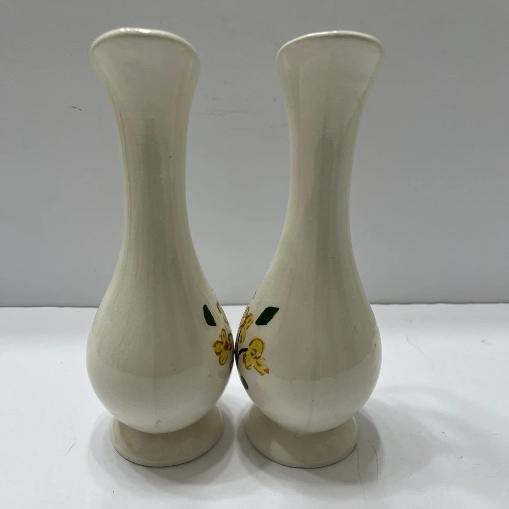 Vintage Off-White Floral Vases Set Of 2 Yellow Flowers Signed 1964 Ceramic